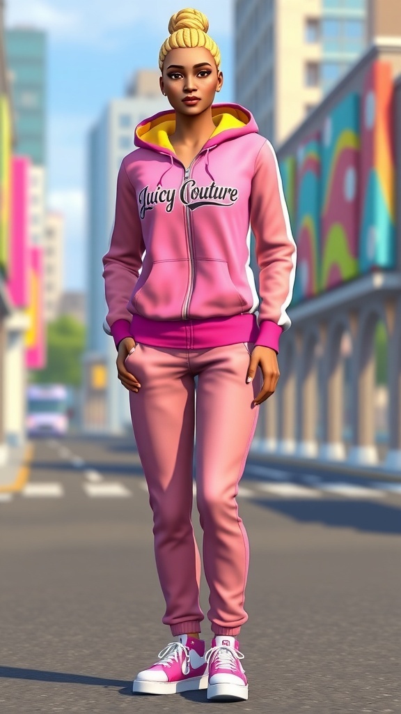 Sims 4 character in a Juicy Couture tracksuit, standing in an urban environment.